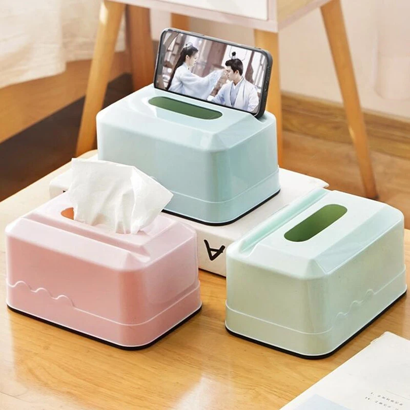 Tissue Box Cell Phone Holder Dispenser Storage Napkin Case Organizer