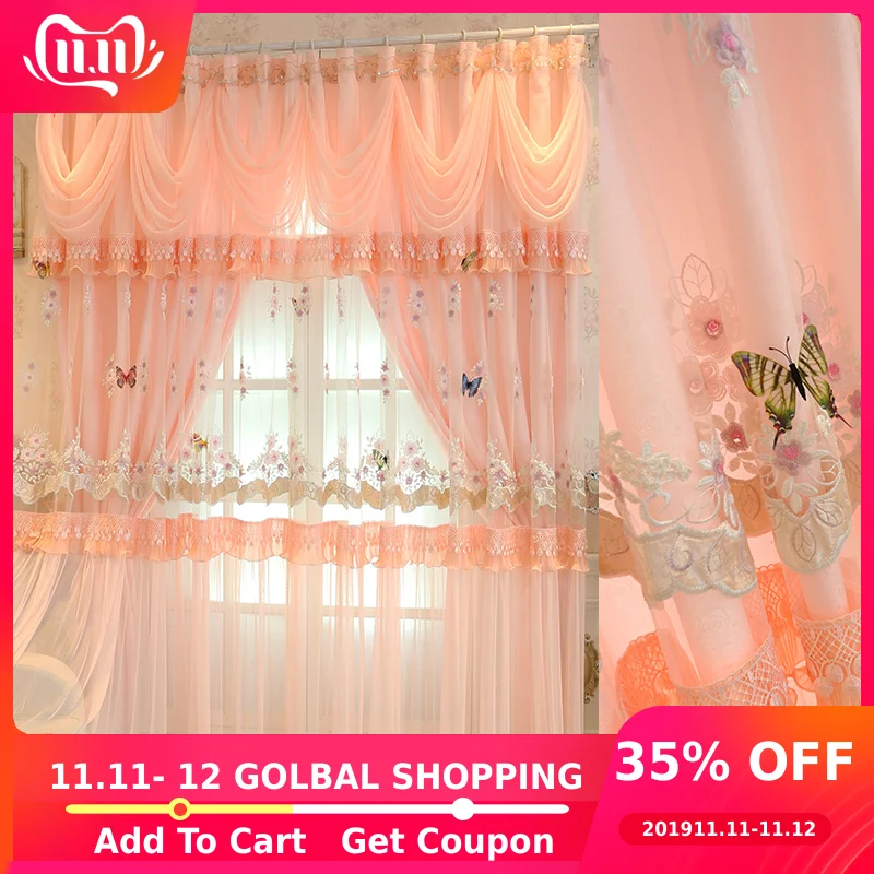

Customize Princess Lace Embroidered Blackout Curtains Pink Butterfly Double Layer Tulle Curtains Wedding Curtian for Living Room
