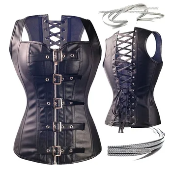 

Plus Size Punk Style Women's Slimming Body Shapewear Gothic Faux Leather Black Corset Bustier with Zip Sexy Underwear
