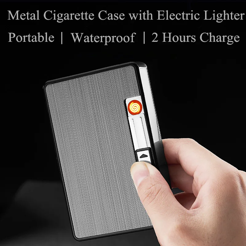 Waterproof Metal Cigarette Case with Lighter USB Plasma Arc Lighter Automatic Tobacco Box Holder Windproof Turbo Coil Lighters