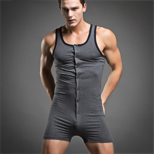 Men Summer Jumpsuit Pajamas Cotton Sleepwear Casual Button Nightwear Onesize Sleeveless Bodysuit Solid Home Wear