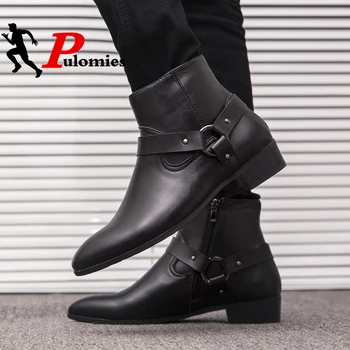 

PULOMIES Men Ankle Boots Leather Dress Shoes Brogue Buckle Strap Flats Male Casual Shoes Footwear Loafers Nightclub Martin Boots