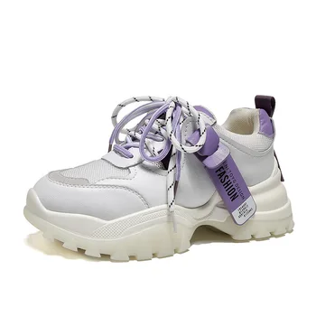 

Autumn Platform Casual Shoes Women's New Genuine Leather Mesh Lace Color Matching Round Head Fashion Soft Bottom Sports Shoes