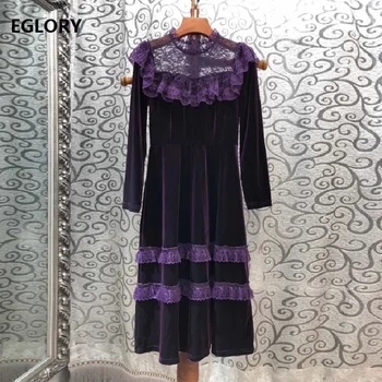 

Top Quality New 2019 Autumn Winter Evening Party Vestidos Women Sexy Sheer Lace Patchwork Long Sleeve Mid-Calf Vintage Dress