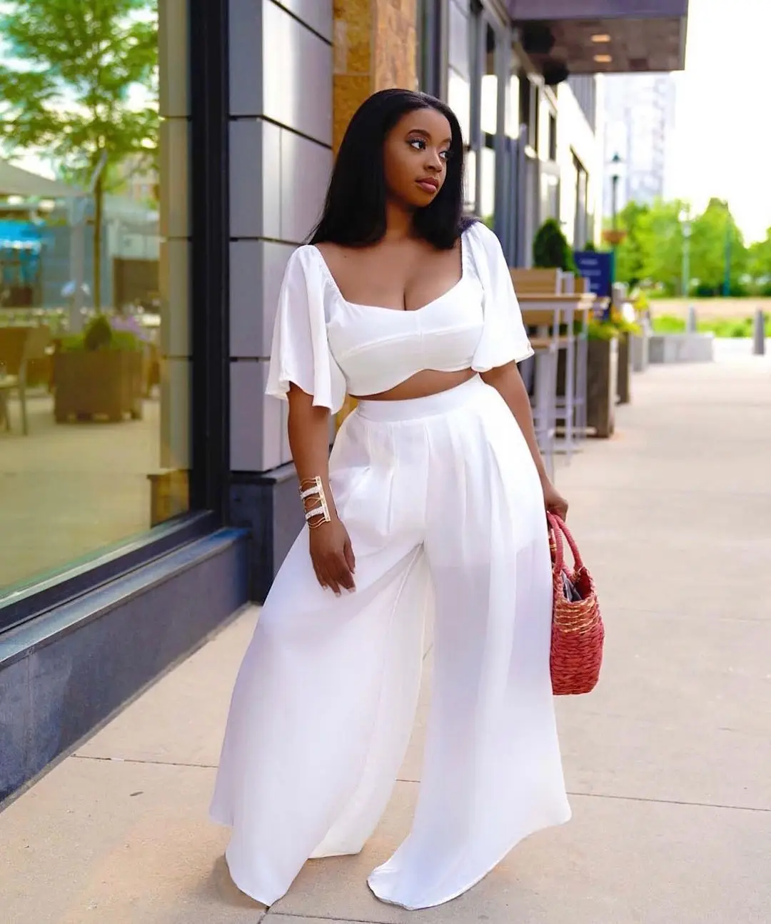 Solid Square Neck Short Tops Long Pants 