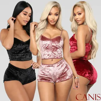 

2pcs Fashion Women Velvet Sleepwear 2019 Sexy Spaghetti Strap Shorts Pajama Set Ladies Sleepwear female