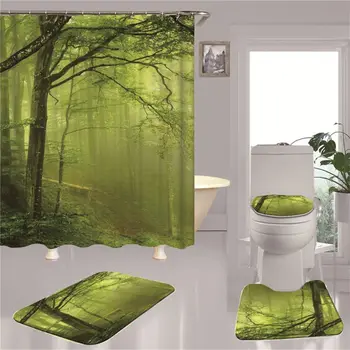 

4 Piece Shower Curtain Sets with Non-Slip Rug, Toilet Lid Cover, Bath Mat
