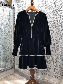 

Velvet Dress 2020 Autumn Winter Runway Style Women V-Neck Crystal Beading Deco Cascading Ruffle Long Sleeve Black Velour Dress