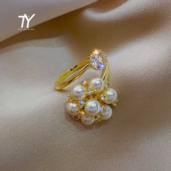 Design Sense Pearl Zircon Flower Shape Gold Opening Rings For Woman New Gothic Fashion Jewelry Party Girl's Luxurious Sweet Ring