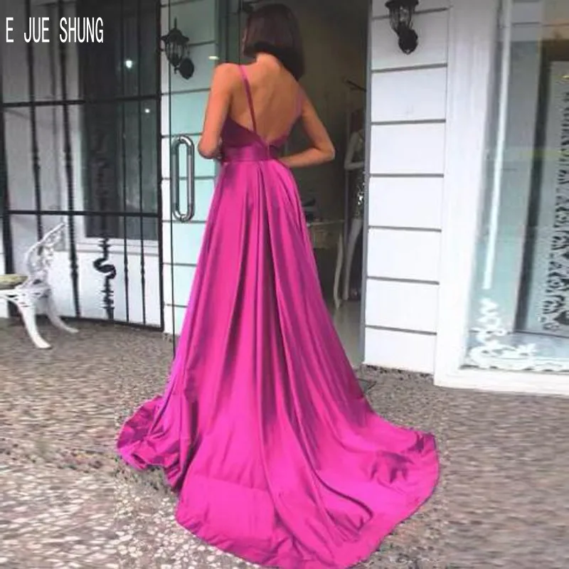 E JUE SHUNG Light purple Evening Dresses Spaghetti Straps Backless Simple A Line Long Prom Party Dresses Satin Evening Gowns white evening gowns