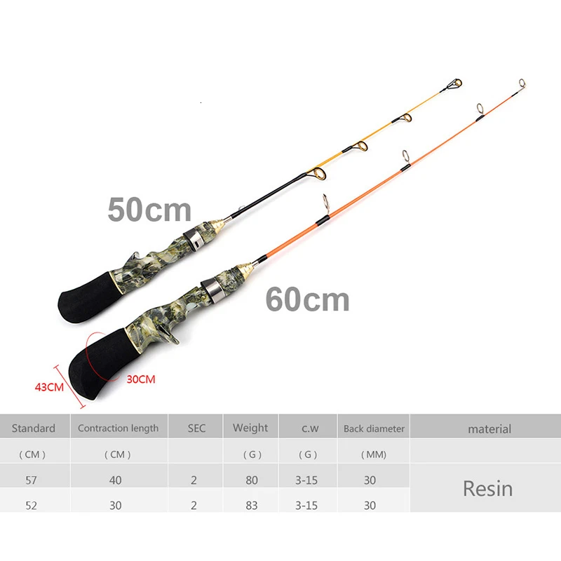 Удочка для подледной рыбалки из смолы, черная легкая зимняя удочка для подледной рыбалки, 50/60 см, два варианта, уличные инструменты