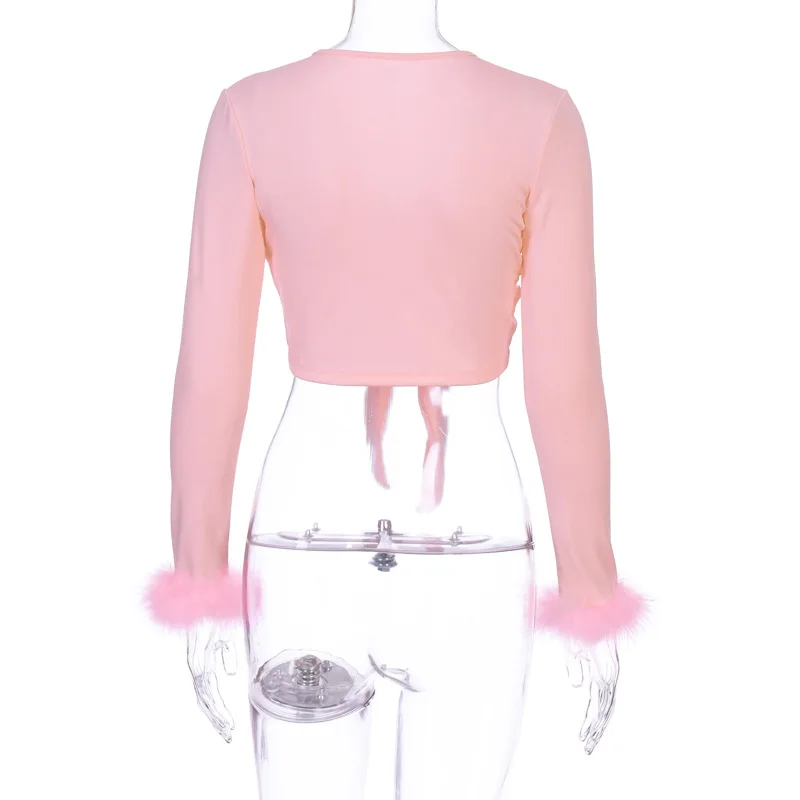 STAY TIDY Sexy Pink Fur Lace Up Cross 