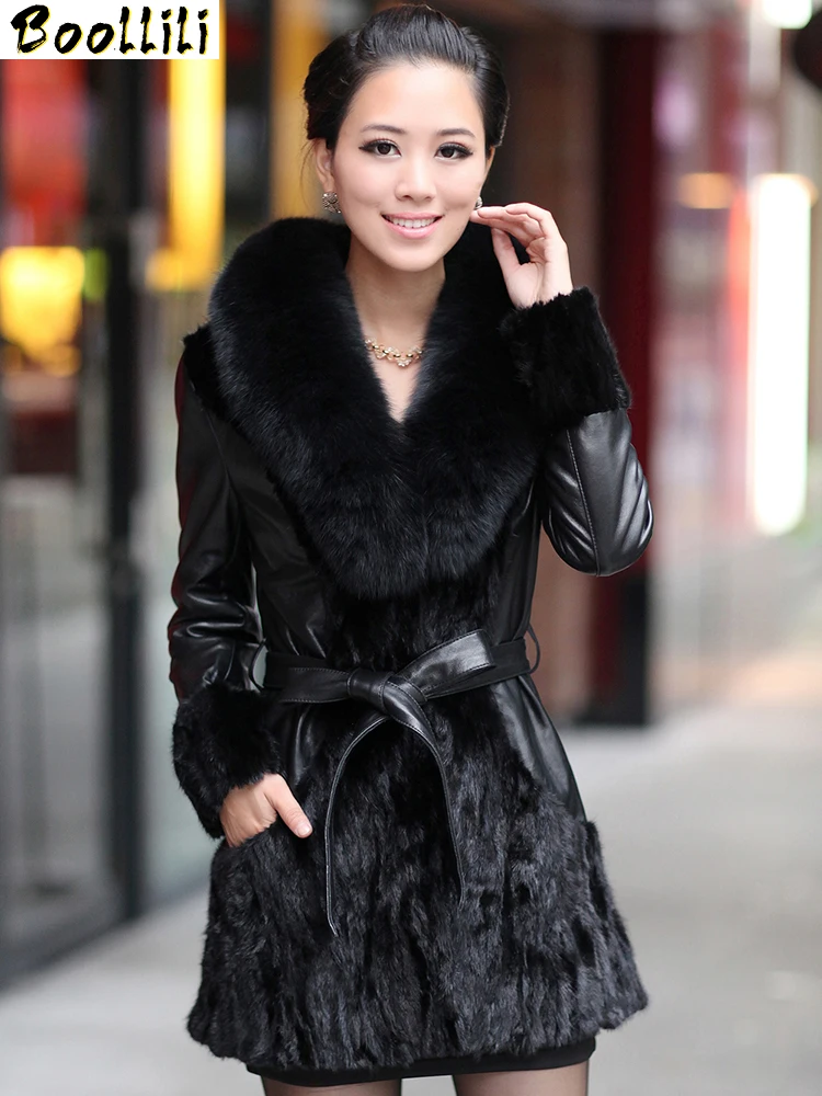

Boollili Real Mink Fur Coat Female Genuine Leather Jacket Winter Jacket Women Fox Fur Collar 100% Real Sheepskin Long Coat