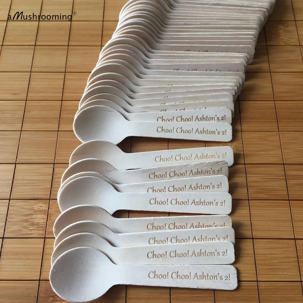 Personalized Mini Wooden Spoons for Birthday Baby Shower Party Buffet Table Decor Compostable Spoon Dessert Cake Ice Cream | Дом и сад