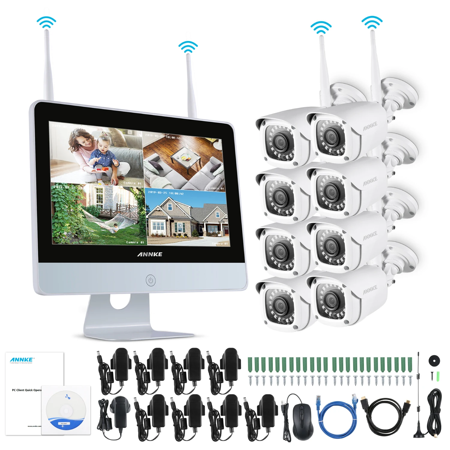 ANNKE 8CH 1080P FHD Wireless Video Security System 12inch LCD Screen NVR 4X8X 2MP Bullet IP Camera Outdoor CCTV Surveillance Kit - Цвет: 8PCS Cameras