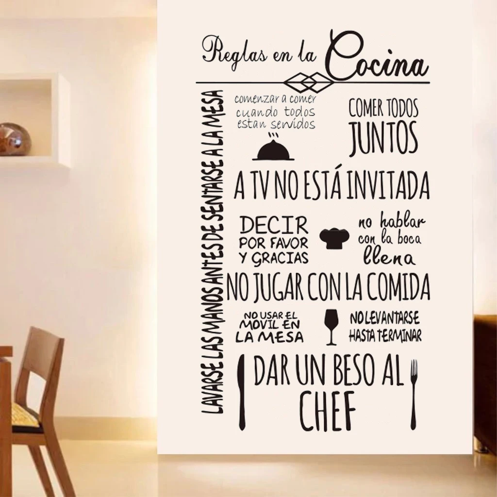 

Spanish Wall Stickers Phrase Kitchen Rules Family Decals Removable Vinyl Wallpaper Dinning Room Home Decoration Poster HJ0400