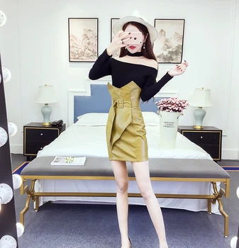 

COIGARSAM Fashion Full Sleeve Women Skirt Slash neck High Waist Skirts White Black And Yellow 3442