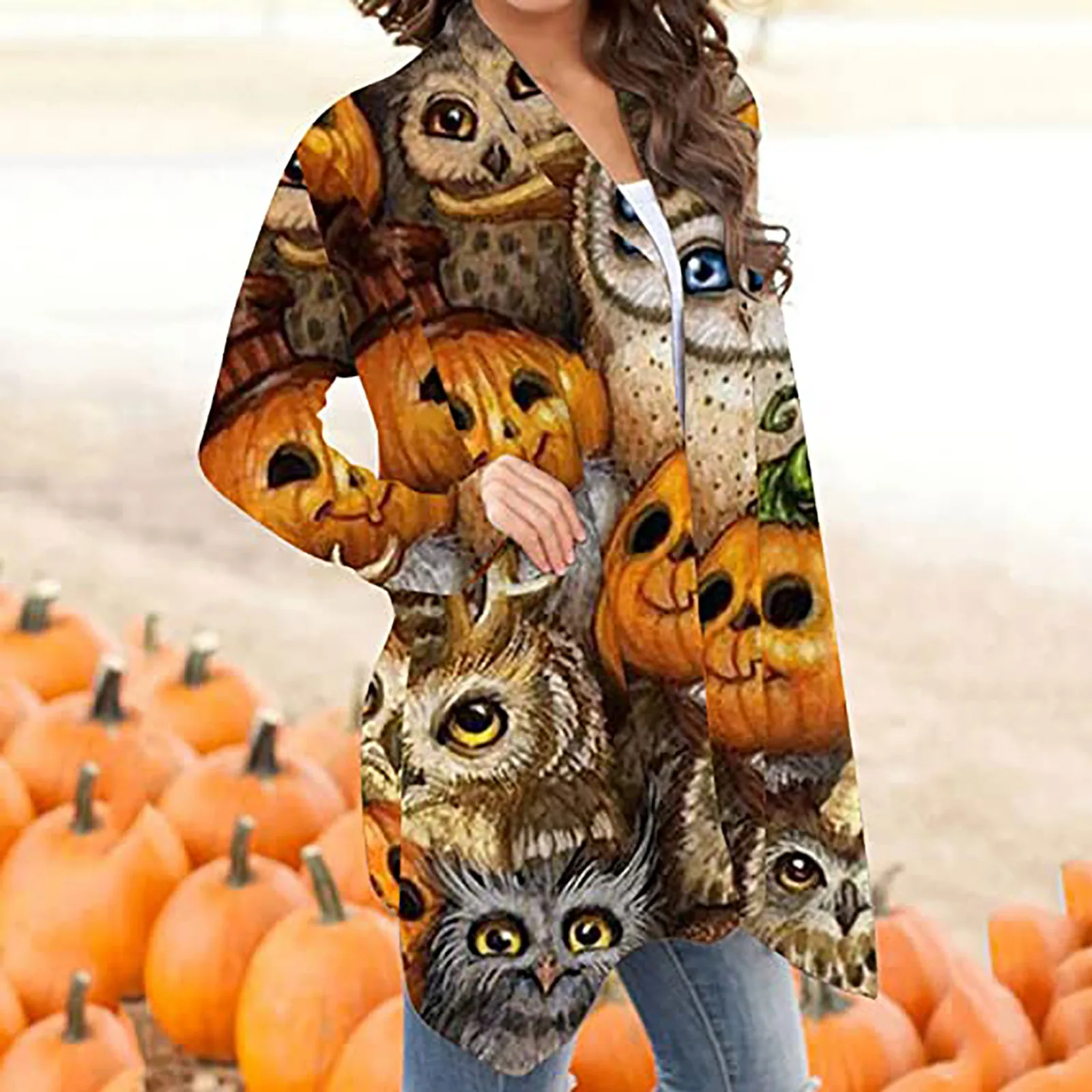 S-XXL Cardigan Halloween Women Cardigan Sweater Animal Pumpkin Print Cardigan Women Halloween Fashion Black Autumn Coat Blouse 2