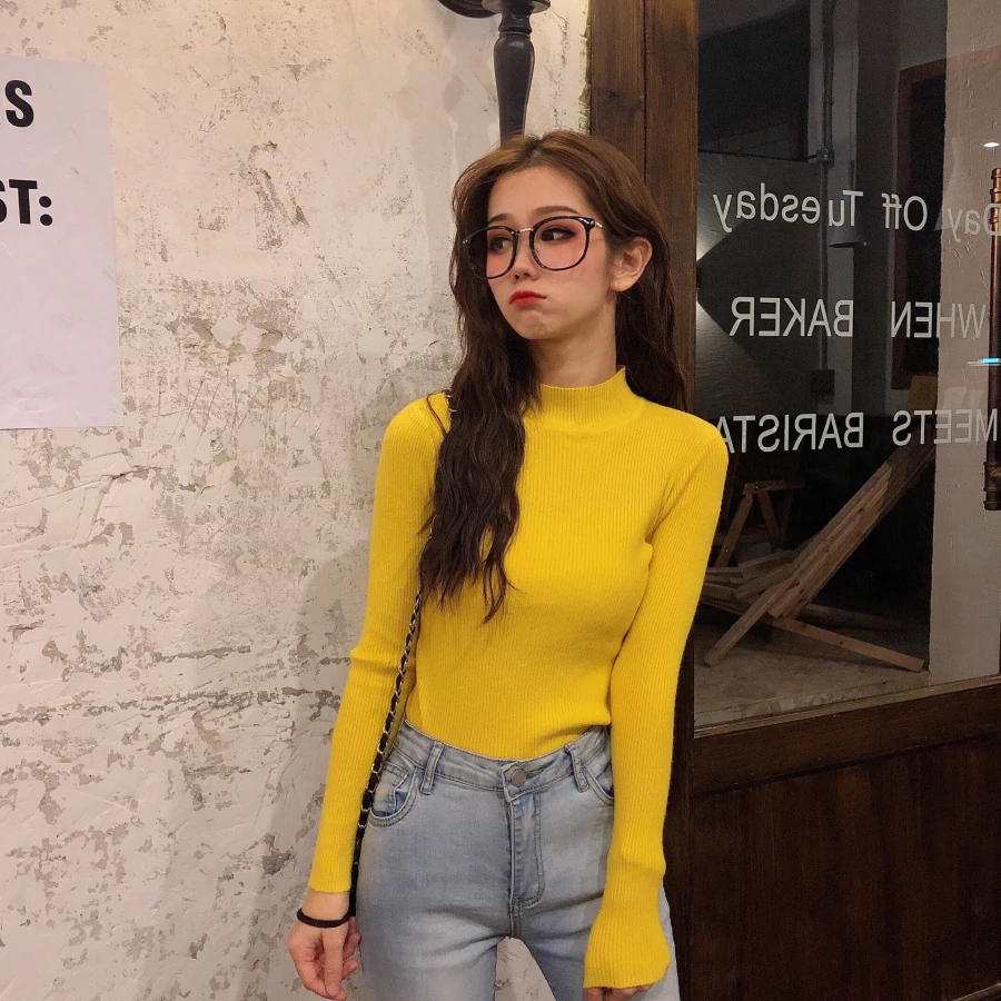 Осенне-зимний женский вязаный свитер с высоким воротом, повседневный мягкий джемпер с воротником поло, модный тонкий женский эластичный пуловер