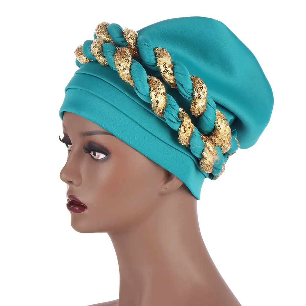 african attire for women 2021 Fashion African Auto Gele Headtie Sequins Braids Women's Turban Cap Muslim Headscarf Bonnet Ready to Wear Hijab Wedding Hat african wear for women Africa Clothing