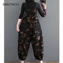 

Black Floral Printed Jeans Jumpsuit Women Big Pockets Vintage Casual Rompers Ladies Wide Leg Denim Rompers Jumpsuit Female