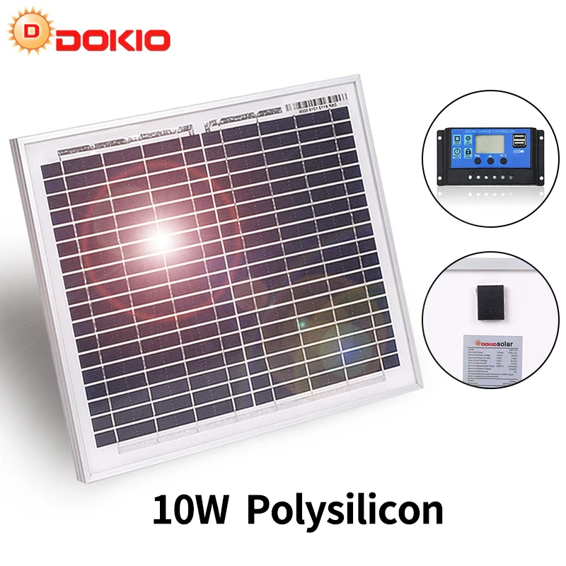 Dokio Placa Solar Fotovoltaico 10W + 10A 12V/24V Portatil Controlador Solar 18V Panel Solar 10 Vatios + 5V Kit Regulador De Cargador USB Dual Para Casa Caravanas y Autocaravanas