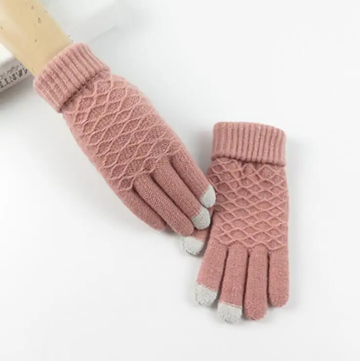 1 пара, зимние перчатки с сенсорным экраном для женщин и мужчин, теплые эластичные вязаные рукавицы, уплотненные вельветовые перчатки с полным пальцем, вязаные крючком перчатки женские зимние - Цвет: 6