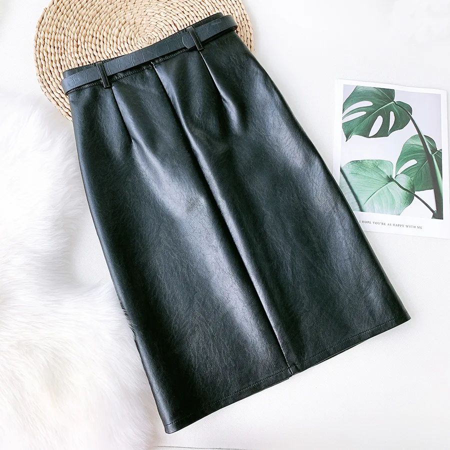 Autumn Black Faux Leather Midi Pencil Skirts with Belt Front Split Retro Slim Temperament Knee Length OL PU Leather Skirts