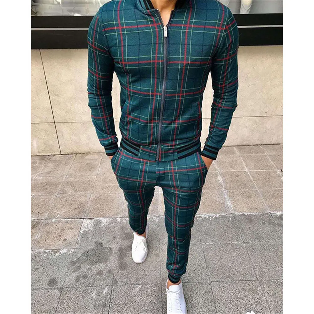 

2020 Gentlemen Tracksuit men Fashion Sporting Suit Men Sets Brand Plaid Zipper Sweatshirt+Sweatpants Mens Clothing 2 Pieces Sets