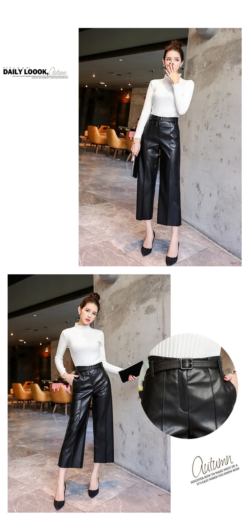 BGTEEVER Black Pu Leather Pants Women High Waist Belted Faux Leather Trousers Female Wide Leg Pants pantalon femme