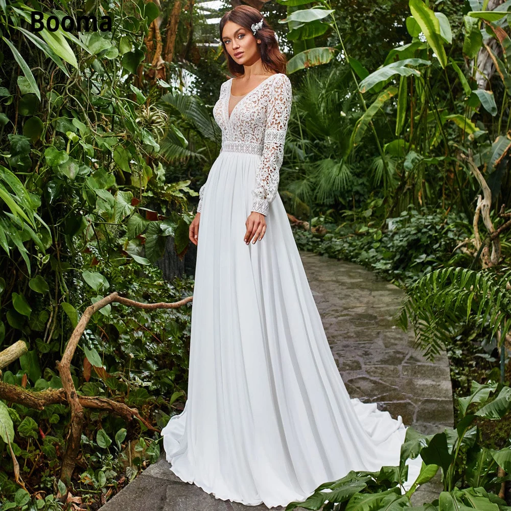 

Booma Boho Wedding Dresses Chiffon Lace Bride Gown V-neck Backless Long Sleeve Cut-out Princess Party Dresses Plus Size Vintage