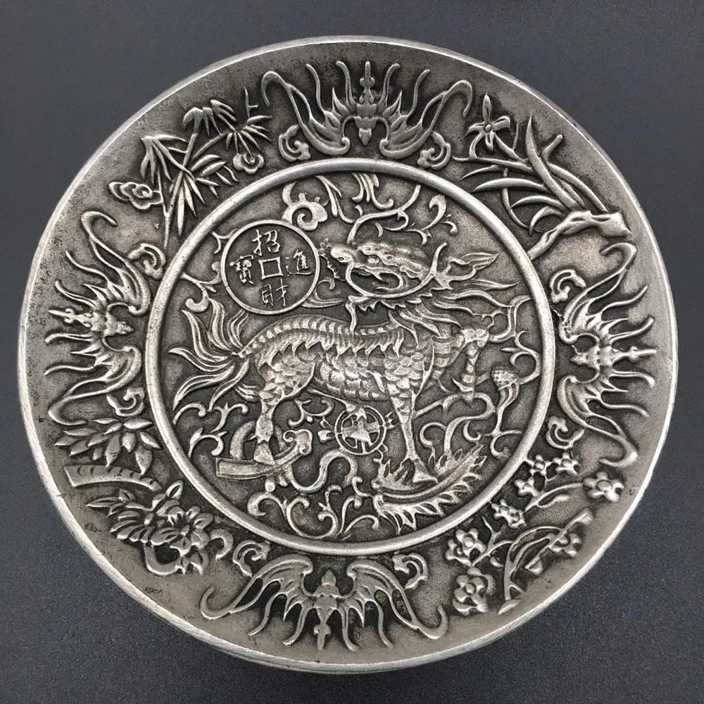 

chinese tibet silver Kirin, bring in wealth, silver dollar coin Plate metal crafts Family decoration