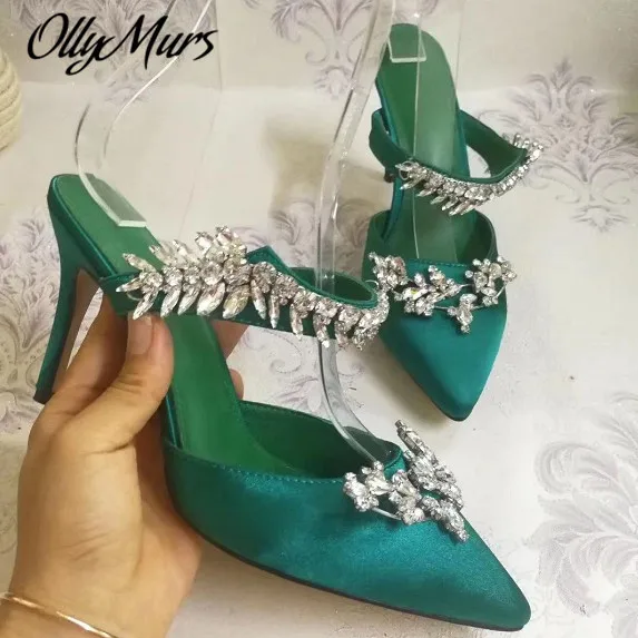 

Prowow New Satin Sexy Pinted Toe Crystal Floral Spring Summer Slippers Slip On Thin HIgh Heel Mules Shoes Women