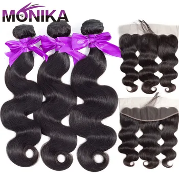 

Monika Hair 8-30 inch Brazilian Body Wave Bundles With Frontal Human Hair 3 Bundles with Frontal Non-Remy Frontal with Bundles