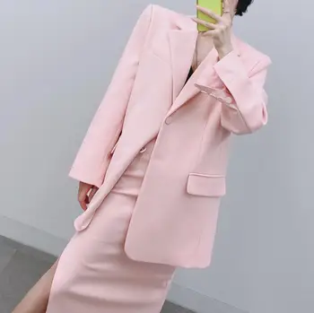 

High Quality Spring Ladies Pink Outfit Oversize Korean Long Blazer Jacket+Split Skirt 2020 Fashion 2 Piece Blazer Women Suit
