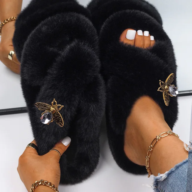 Slippers Women Furry Slides Fashion Rhinestone Letter Fluffy Flip Flops Ladies Winter Slippers Platform Sandals Female Shoes Black3