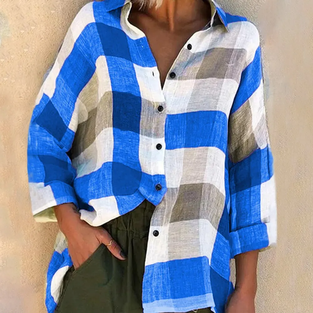 

LASPERAL Women Cotton Blouses Shirt Casual Button Blouse Autumn Long Sleeve Plaid Print Tops Lady Plus Size Blusa Streetwear