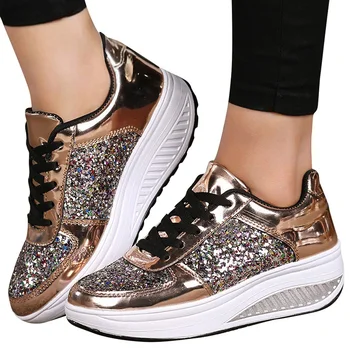 

Women's Platform Sneakers Lace Up Bling Sturdy Sole Running Shoes Woman Shallow Super star Wedge Sneaker Casual