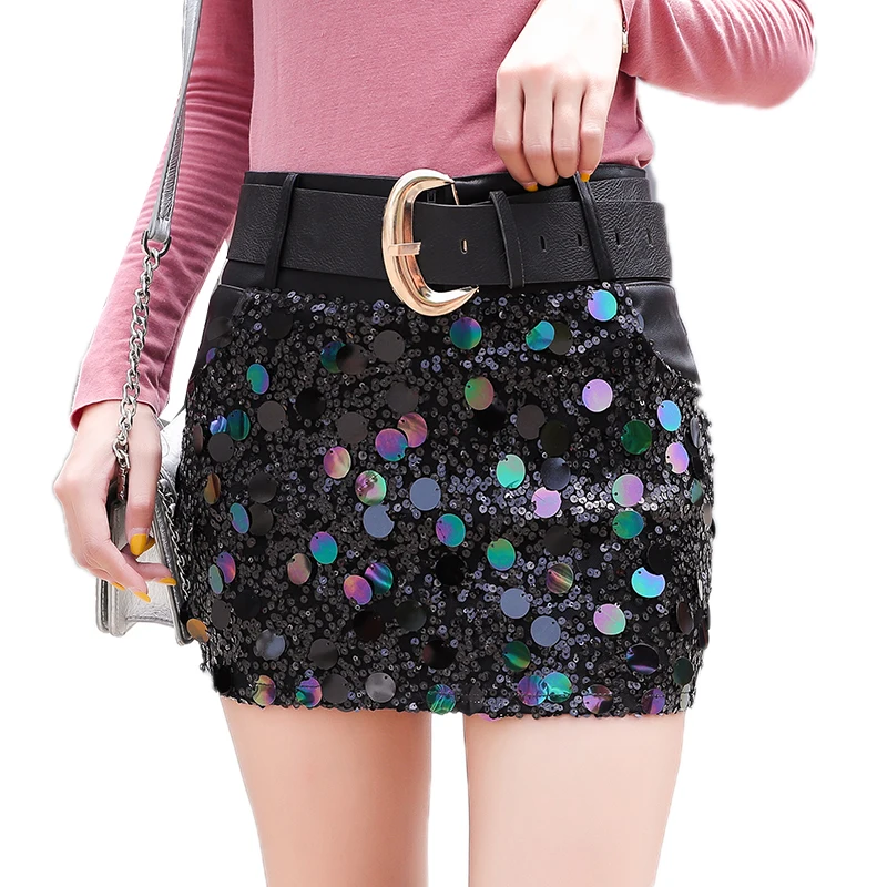 Black with belt Новинка, Корейская блестящая мини-юбка с поясом, украшенная бисером, Женская осенне-зимняя модная сексуальная кожаная юбка из искусственной кожи, Черная Женская юбка B9N317 - Цвет: Black with belt
