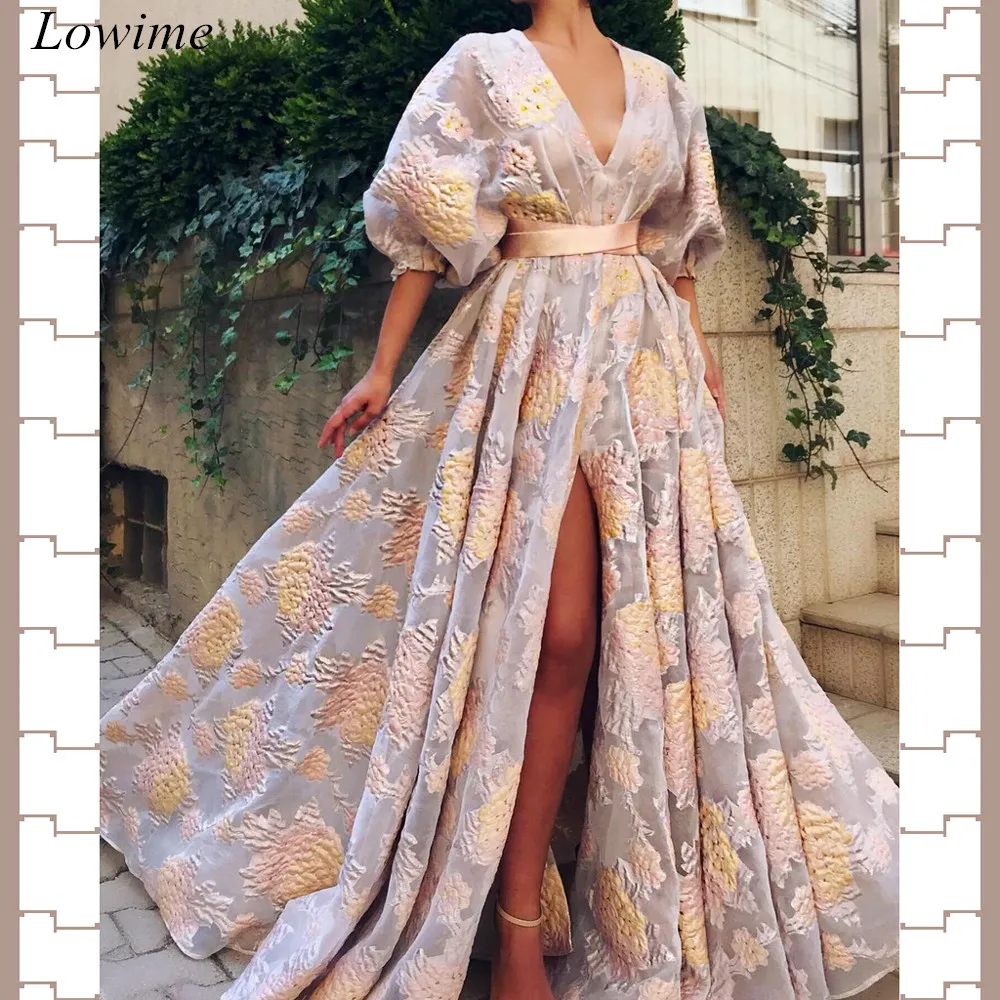 New-Arabic-Formal-Evening-Dresses-2019-V-Neck-Half-Sleeves-Kaftan-Prom-Dress-With-Sashes-Long