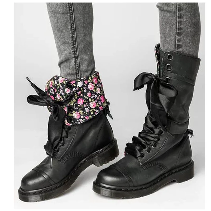 2020 Women Mid-Calf Boots Winter Flower Print Non-slip Flat Shoes Vintage Sexy Steampunk Leather Lace Up Ladies Snow Boots