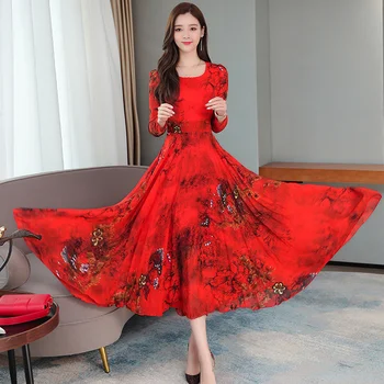 

2020 Vintage Floral Chiffon Midi Dresses Autumn Winter 3XL Plus Size Long Sleeve Maxi Dress Elegant Women Bodycon Party Vestidos