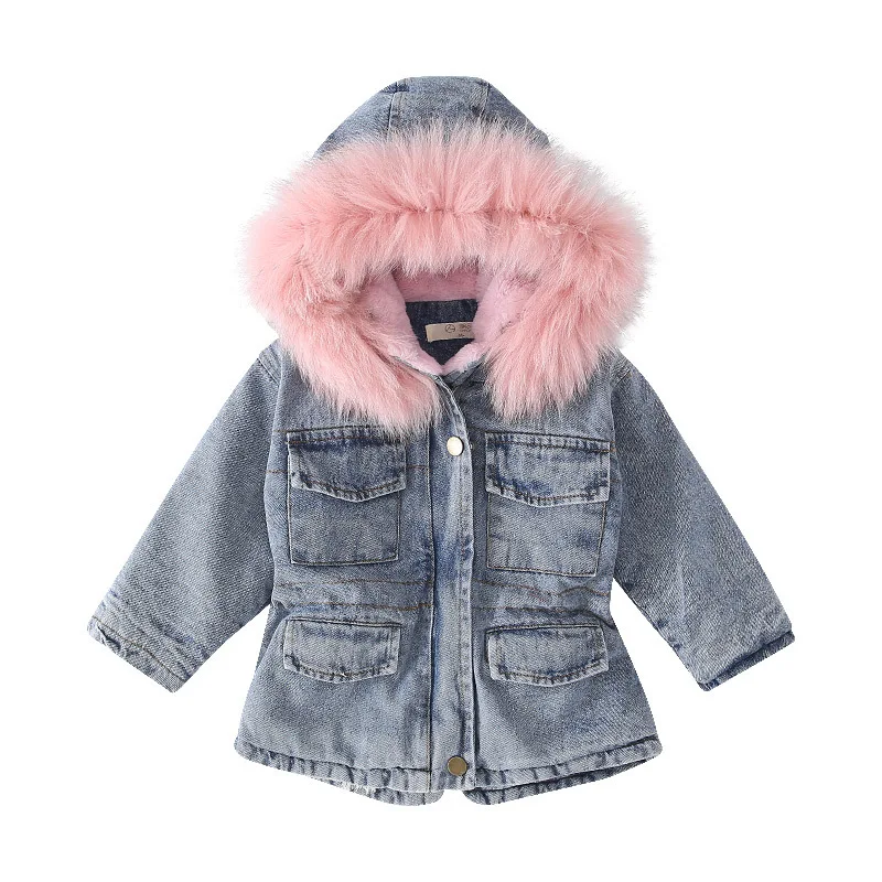 Girls Winter Plus Velvet Denim Jackets Children Fur Collar Hooded Casua Coats Kids Cotton Parkas Outwear |