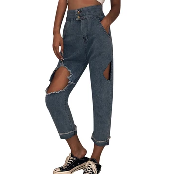 

Plus Size S-5XL Women Autumn Casual Straight Washed Ripped Holes Denim Jeans Female Fashion Zipper Vintage Hip Hop Pants SJ4868U