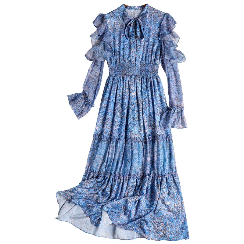 

Blue Dress Women's 2020 Spring New Fashion Printed Lace Up Bow Butterfly Sleeve Elastic waist Elegant Long sleeve Dress