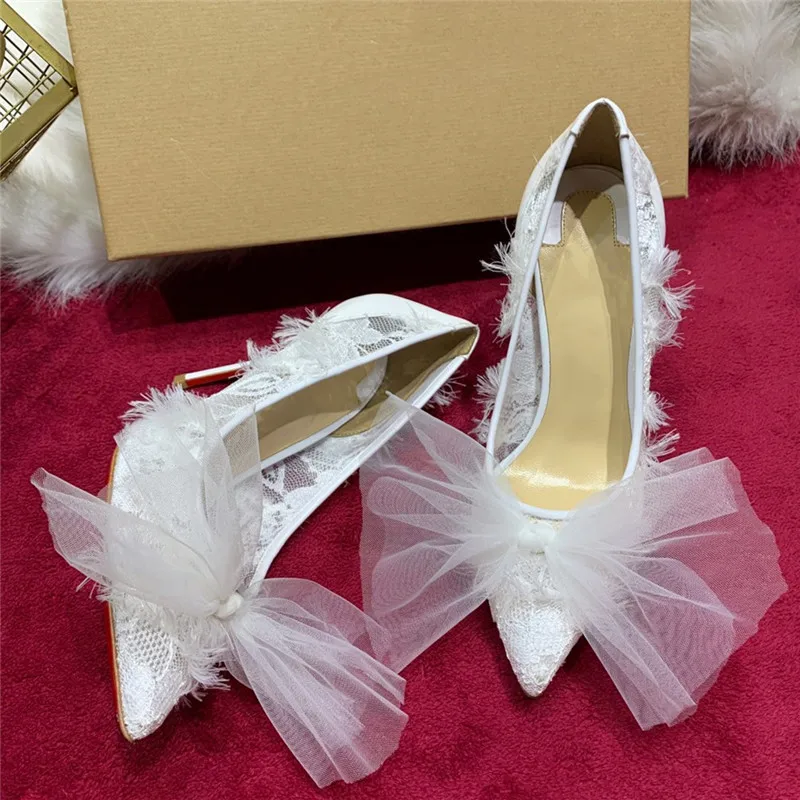 Mesh Butterfly-knot Thin High Heels Pumps Women Romantic Lace Fringe Chaussures Femme Party Wedding Single Shoes Woman White - Цвет: white 8.5
