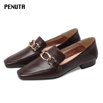 

2020 PENUTA genuine leather flats women Fashion Chain Shoes Ladies Soft Footwears European Designer Loafers Black Brown F0076
