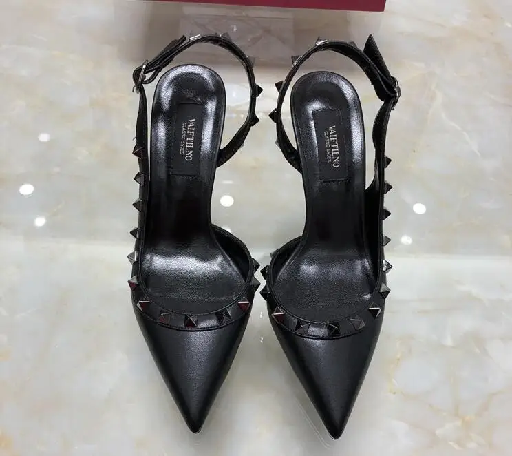 all black matte Классические Брендовые женские босоножки на высоком тонком каблуке 6 см из черной лакированной кожи с заклепками, красные свадебные туфли 34-43 коробка - Цвет: all black matte