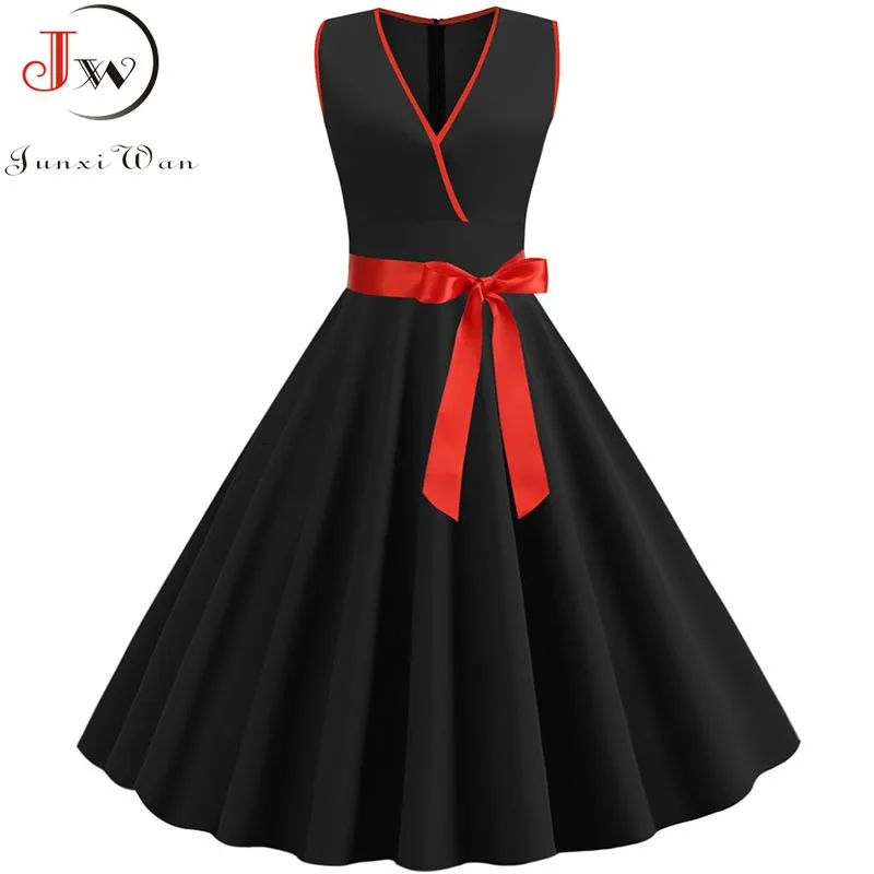 

2019 Black V-neck Sleeveless Vintage Dress Women Summer Solid Color Party Dress Robe Rockabilly Vestidos Plus Size Sundress