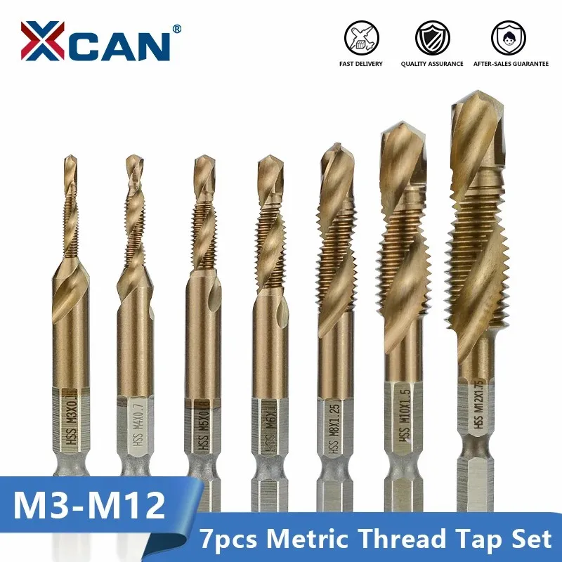 XCAN Hex Shank Thread Tap 7pcs M3 M4 M5 M6 M8 M10 M12 Metric HSS Screw Hole Drill Machine Plug TiCN Coated | Инструменты